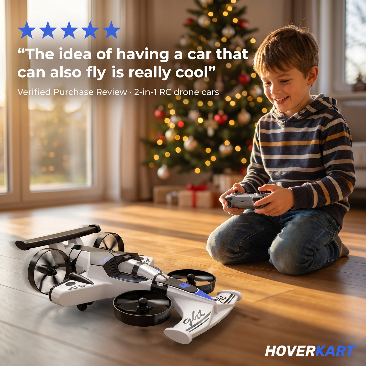 Boy drifting the Hoverkart across a wooden floor